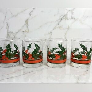 Libbey Holly Berries Lowball Glass Set Barware Red Green Cocktail Christmas 4